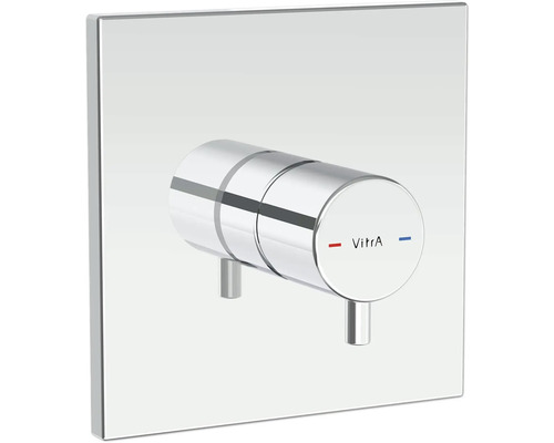 Vitra Logo auf einem quadratischen Wasserhahn aus Metall