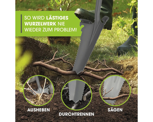 Gartenszene mit einer Wurzelschaufel beim Durchtrennen von Wurzeln im Boden.