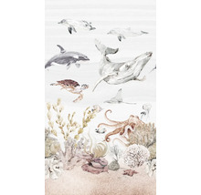Dekorative Tapete mit Meeresmotiven wie Delfinen, Walen, Schildkröten und Korallenriffen