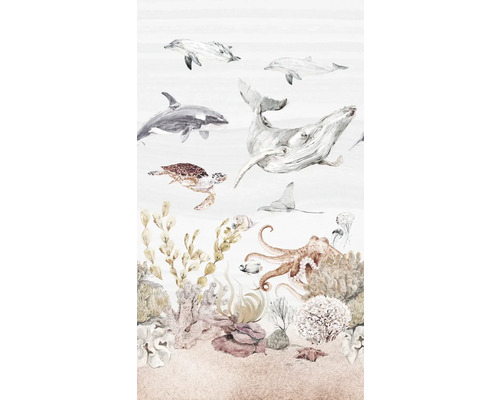 Dekorative Tapete mit Meeresmotiven wie Delfinen, Walen, Schildkröten und Korallenriffen