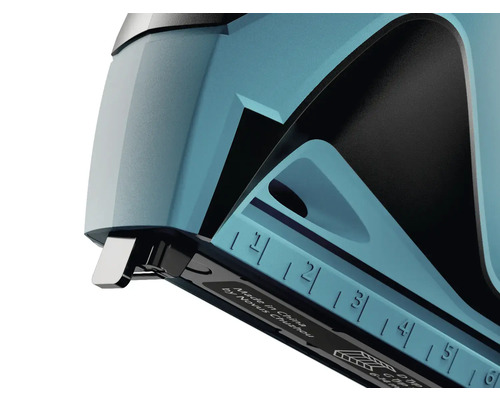 Detailansicht eines Tackergeräts mit Tiefenanschlag und metrischer Skala.