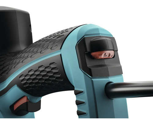 Detailaufnahme eines Heckenscheren-Griffs mit Schalter