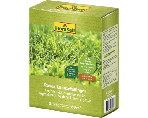 Packung Rasen Langzeitdünger von FloraSelf, Inhalt 2,5 Kilogramm für 80 Quadratmeter Rasenfläche Packung Rasen Langzeitdünger von FloraSelf, Inhalt 2,5 Kilogramm für 80 Quadratmeter Rasenfläche