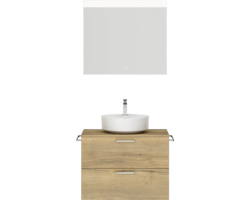Badmöbel-Set NOBILIA Modern BxHxT 80 x 169,1 x 49 cm Frontfarbe eiche hell mit Aufsatz-Waschbecken , Spiegel mit LED-Beleuchtung Griff chrom matt 655