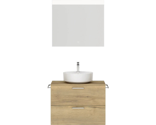 Badmöbel-Set NOBILIA Modern BxHxT 80 x 169,1 x 49 cm Frontfarbe eiche hell mit Aufsatz-Waschbecken , Spiegel mit LED-Beleuchtung Griff chrom matt 655 Waschtisch mit Spiegel und Unterschrank mit zwei Schubladen