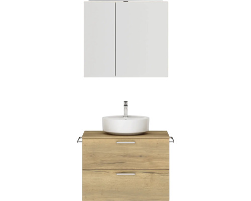 Badmöbel-Set NOBILIA Modern BxHxT 80 x 169,1 x 49 cm Frontfarbe eiche hell Badmöbelset 2-teilig mit Aufsatz-Waschbecken , Spiegelschrank mit LED-Beleuchtung Griff chrom matt 663 Waschtischkombination mit Aufsatzwaschbecken, Unterschrank und Spiegelschrank für das Badezimmer