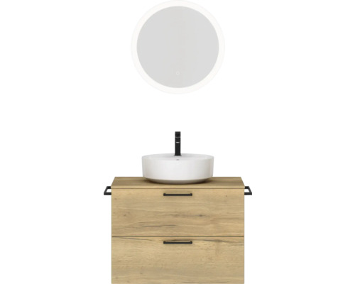Badmöbel-Set NOBILIA Modern BxHxT 80 x 169,1 x 49 cm Frontfarbe eiche hell mit Aufsatz-Waschbecken , Spiegel rund mit LED-Beleuchtung Griff schwarz 670 Waschtisch mit Unterschrank und Spiegel für das Badezimmer