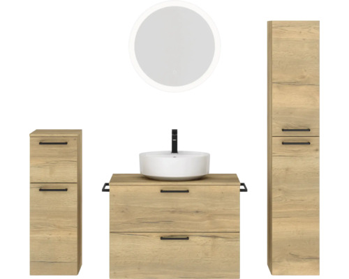 Badmöbel-Set NOBILIA Modern BxHxT 160 x 169,1 x 49 cm Frontfarbe eiche hell mit Aufsatz-Waschbecken und Spiegel mit LED-Beleuchtung Unterschrank Midischrank Griff schwarz 694 Badezimmerensemble mit Waschtisch, Spiegelschrank und Hochschrank