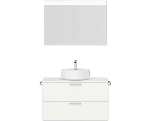 Badmöbel-Set NOBILIA Modern BxHxT 100 x 59,1 x 49 cm Frontfarbe weiß mit Aufsatz-Waschbecken, Spiegel mit LED-Beleuchtung Griff chrom matt 705