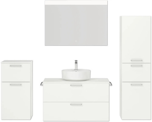Badmöbel-Set NOBILIA Modern BxHxT 180 x 169,1 x 49 cm Frontfarbe weiß mit Aufsatz-Waschbecken Spiegel mit LED-Beleuchtung Unterschrank Midischrank Griff chrom matt 729