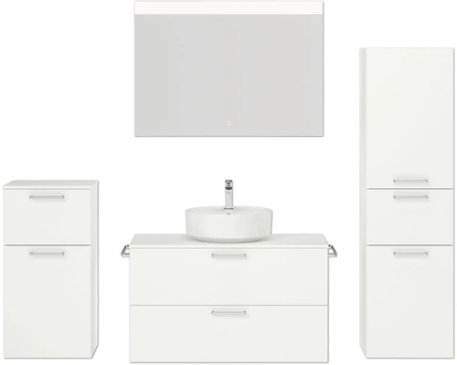 Badmöbel-Set NOBILIA Modern BxHxT 180 x 169,1 x 49 cm Frontfarbe weiß mit Aufsatz-Waschbecken Spiegel mit LED-Beleuchtung Unterschrank Midischrank Griff chrom matt 729 Modernes Badezimmer-Set mit Waschtisch, Spiegel, Waschbecken und Stauraum
