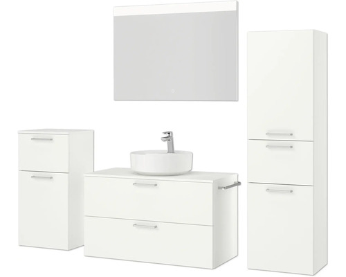Badezimmer Set mit Waschbecken, Unterschrank, Spiegelschrank und Hochschrank