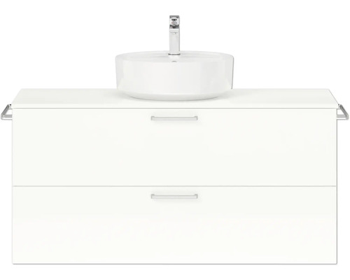 Badmöbel-Set NOBILIA Modern BxHxT 120 x 59,1 x 49 cm Frontfarbe weiß hochglanz mit Aufsatz-Waschbecken Griff chrom matt 755