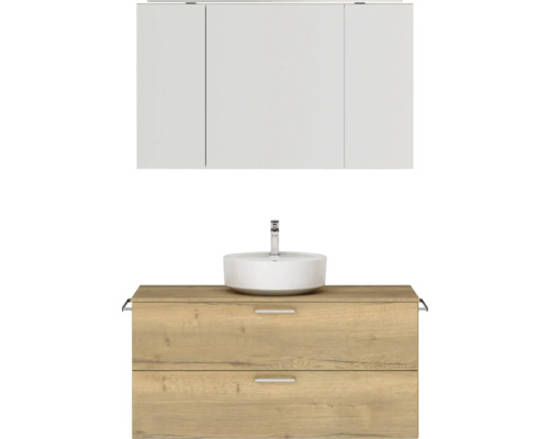 Badmöbel-Set NOBILIA Modern BxHxT 120 x 169,1 x 49 cm Frontfarbe eiche hell Badmöbelset mit Aufsatz-Waschbecken, Spiegelschrank mit LED-Beleuchtung Griff chromm matt 775 Waschtisch mit Waschbecken und Spiegelschrank für das Badezimmer