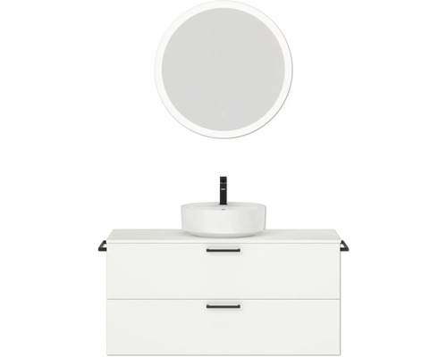 Badmöbel-Set NOBILIA Modern BxHxT 120 x 169,1 x 49 cm Frontfarbe weiß mit Aufsatz-Waschbecken, Spiegel rund mit LED-Beleuchtung Griff schwarz 776
