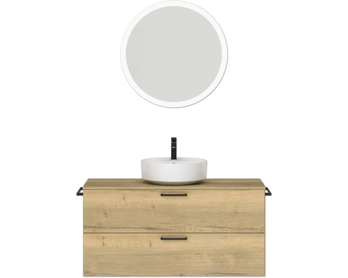 Badmöbel-Set NOBILIA Modern BxHxT 120 x 169,1 x 49 cm Frontfarbe eiche hell mit Aufsatz-Waschbecken, Spiegel rund mit LED-Beleuchtung Griff schwarz 782