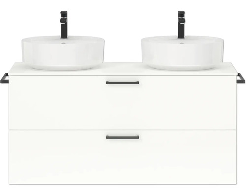 Doppel-Badmöbel-Set NOBILIA Modern BxHxT 120 x 59,1 x 49 cm Frontfarbe weiß hochglanz mit Aufsatz-Waschbecken Griff schwarz 810