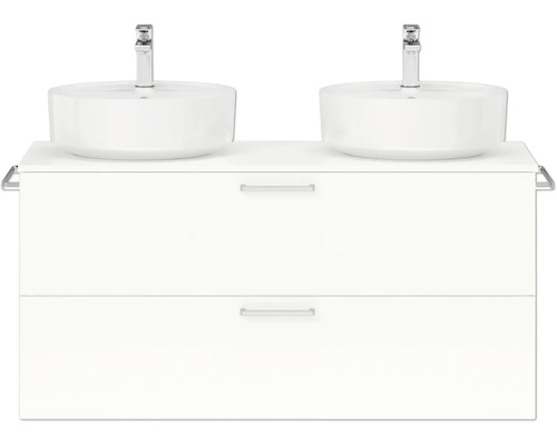 Doppel-Badmöbel-Set NOBILIA Modern BxHxT 120 x 59,1 x 49 cm Frontfarbe weiß hochglanz mit Aufsatz-Waschbecken Griff chrom matt 811