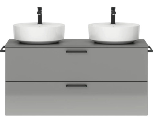 Doppel-Badmöbel-Set NOBILIA Modern BxHxT 120 x 59,1 x 49 cm Frontfarbe grau hochglanz mit Aufsatz-Waschbecken Griff schwarz 812