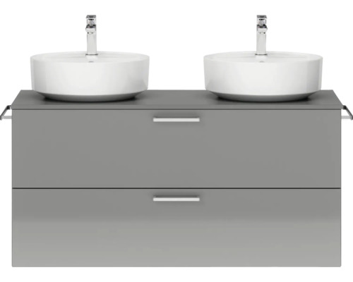 Doppel-Badmöbel-Set NOBILIA Modern BxHxT 120 x 59,1 x 49 cm Frontfarbe grau hochglanz mit Aufsatz-Waschbecken Griff chrom matt 813