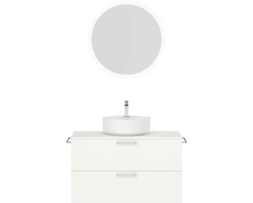 Badmöbel-Set NOBILIA Modern BxHxT 100 x 169,1 x 49 cm Frontfarbe weiß mit Aufsatz-Waschbecken, Spiegel rund mit LED-Beleuchtung Griff chrom matt 721