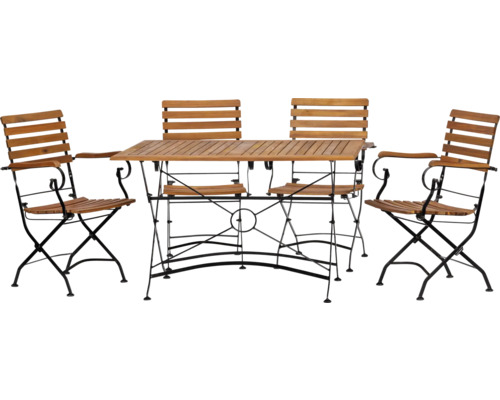 Gartentischset mit vier Armlehnstühlen aus Holz und Metall