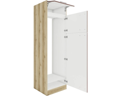 Offener Küchenschrank mit Holzeffekt und weißen Innenseiten zur Aufbewahrung