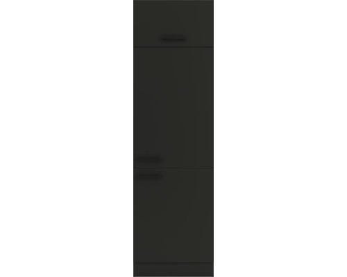 Schmaler Küchenhochschrank mit einer Tür und zwei Schubladen.