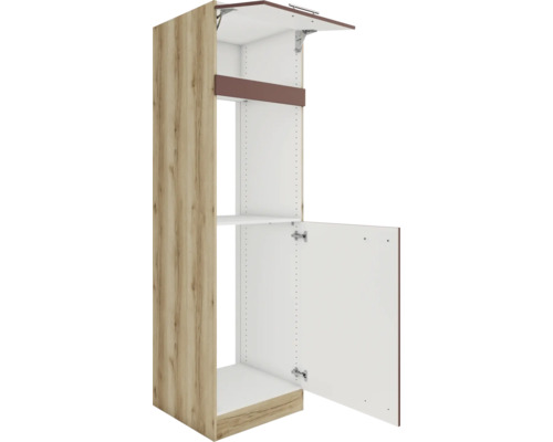 Küchenschrank mit Holzdekor und weißen Innenseiten, teilweise geöffnet.