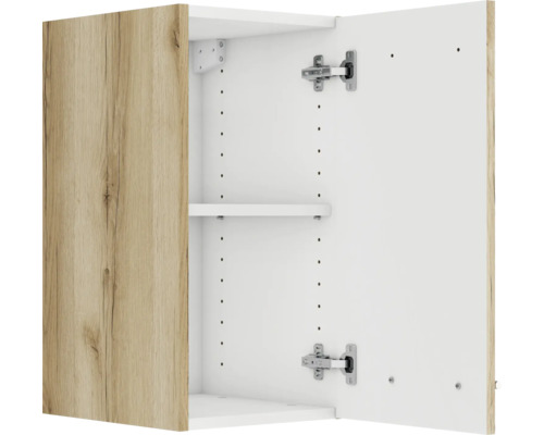 Geöffneter Hängeschrank mit einem Einlegeboden und einer Tür mit Holzdekor