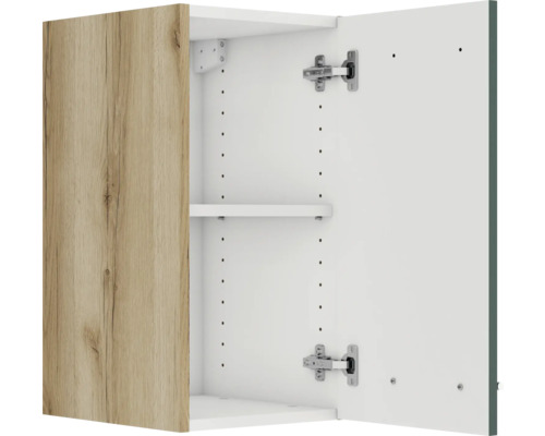 Geöffneter Hängeschrank mit Einlegeboden und Tür in Holzoptik