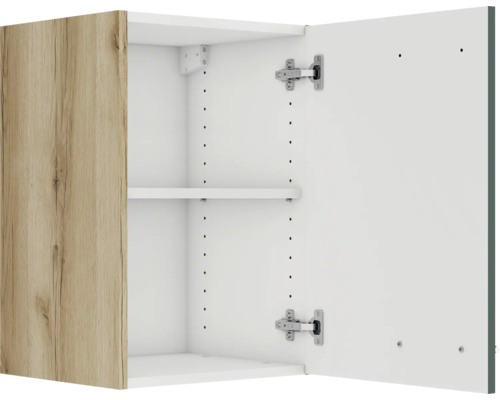 Offener Hängeschrank mit Regalen und Holztür