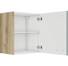 Offener Hängeschrank mit zwei Regalböden und einer Tür mit Holzdekor