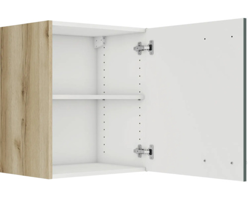 Offener Hängeschrank mit zwei Regalböden und einer Tür mit Holzdekor