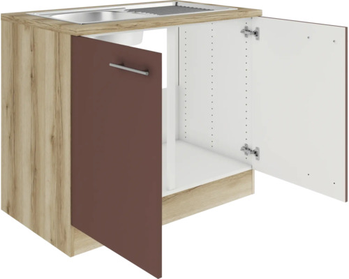 Küchenspülenschrank mit offener Tür und Spüle