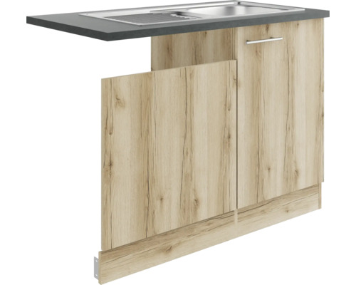 Optifit Spülenschrank inkl Spüle Geschirrspülerblende für teilintegrierten Geschirrspüler Livorno290 BxTxH 110 x 60 x 84,8 cm wildeiche matt strukturiert zerlegt Anschlag reversibel KULI SAPLT11-9+ Küchenspülenunterschrank mit Arbeitsplatte, Tür und Sockel