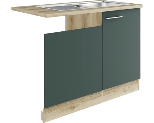 Optifit Spülenschrank inkl Spüle Geschirrspülerblende für teilintegrierten Geschirrspüler Savona405 BxTxH 110 x 60 x 84,8 cm Frontfarbe grün matt Korpusfarbe wildeiche Anschlag reversibel (links oder rechts montierbar)