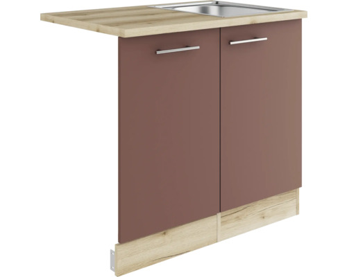 Optifit Spülenschrank inkl Spüle Geschirrspülerblende für vollintegrierte Geschirrspüler Bari407 BxTxH 90 x 60 x 84,8 cm rostrot matt zerlegt Anschlag reversibel KUBA SAPLTL9-9+ Küchenunterschrank mit Spüle und zwei Türen