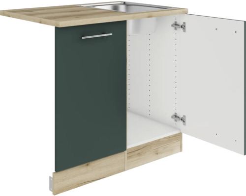 Spülenunterschrank mit Spüle und offener Tür