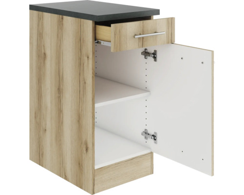 Küchenunterschrank mit Schublade, Fachboden und geöffneter Tür