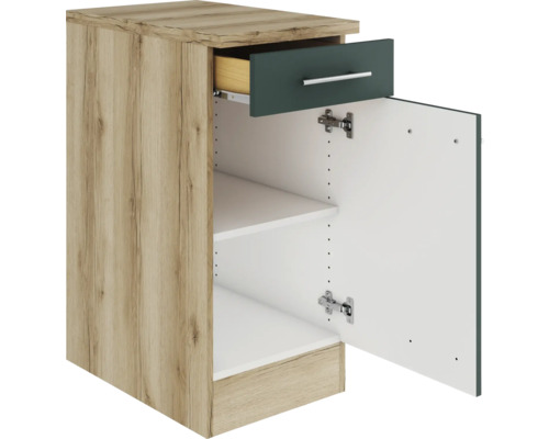 Küchenunterschrank mit Schublade, Einlegeböden und geöffneter Tür