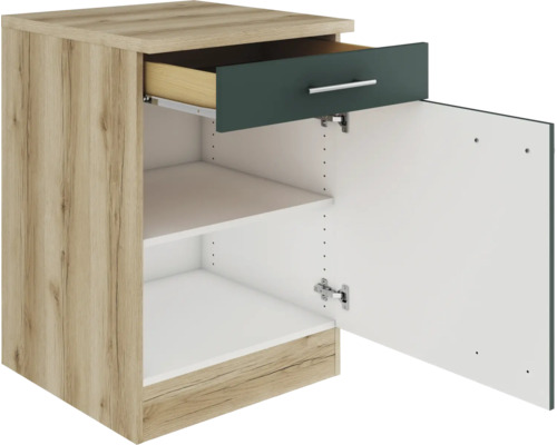 Küchenunterschrank mit Schublade, Einlegeböden und offener Tür