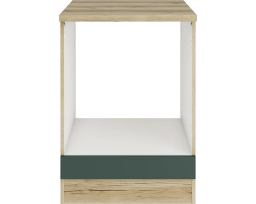 Offener Küchenunterschrank aus Holz mit dunkler Schubladenblende