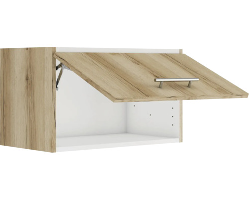 Hängeschrank mit geöffneter Holztür und Metallgriff