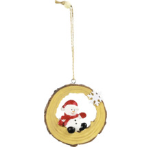 Baumscheiben-Anhänger mit Schneemann-Motiv und Aufhänger als Weihnachtsdekoration