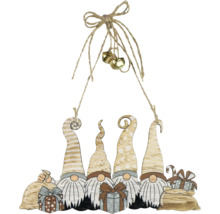 Holzdekoration mit Wichteln, Glocken und Geschenken zum Aufhängen