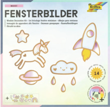 Fensterbilder Set mit Motiven wie Einhorn, Stern, Rakete und Wolke