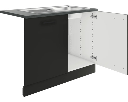 Spülenschrank mit geöffneter Tür, Spüle aus Edelstahl