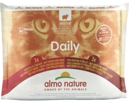 Katzenfutter nass almo nature Daily Multipack 3 x Huhn/Rind und 3 x Huhn/Ente 6x70 g