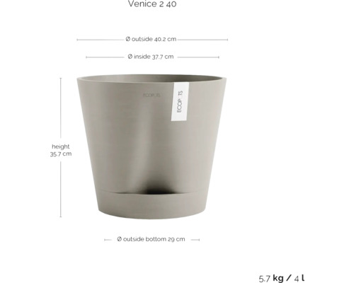 Blumentopf mit den Maßen: Höhe 35,7 cm, Außendurchmesser oben 40,2 cm, Innendurchmesser oben 37,7 cm, Außendurchmesser unten 29 cm